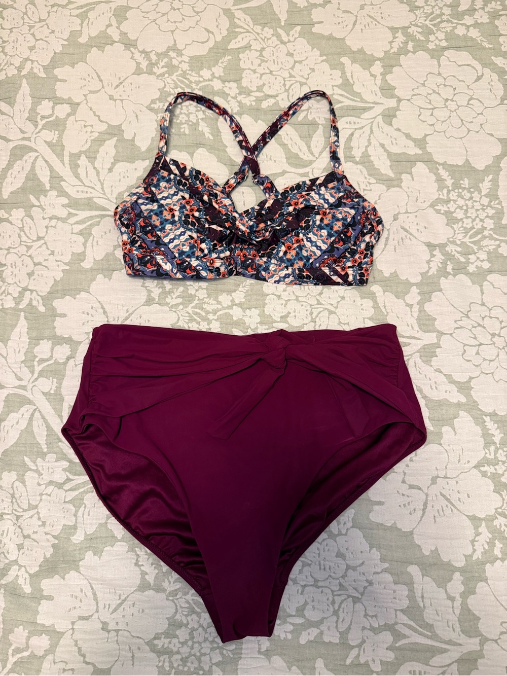 Athleta Floral Bralette Top and Plum High-Waist Bikini Bottoms